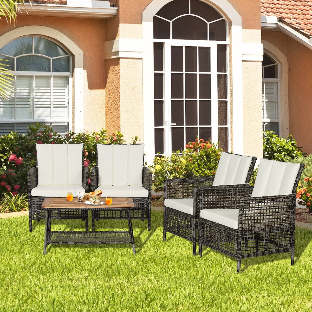 5 Piece Wicker Patio Conversation Set with 4 Armchairs and Acacia Top Table, Off White
