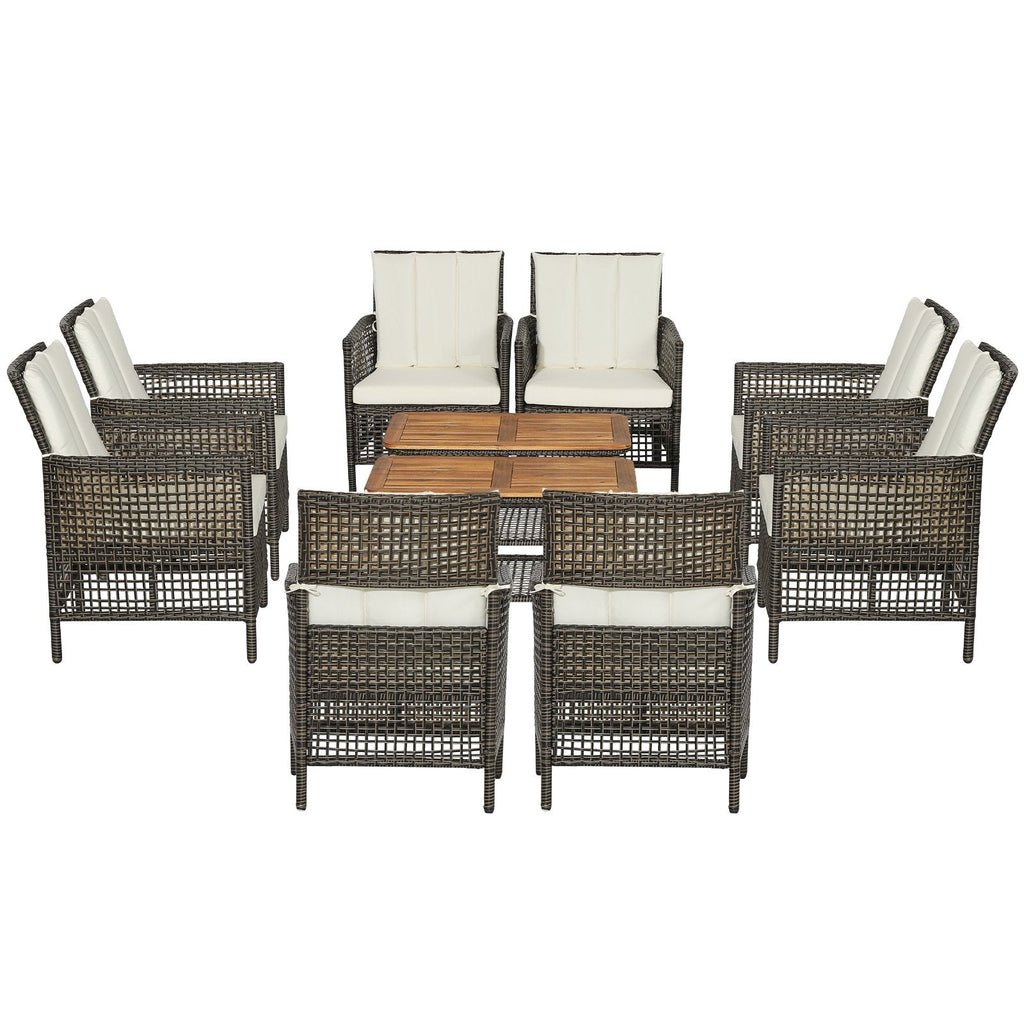 5 Piece Wicker Patio Conversation Set with 4 Armchairs and Acacia Top Table, Off White