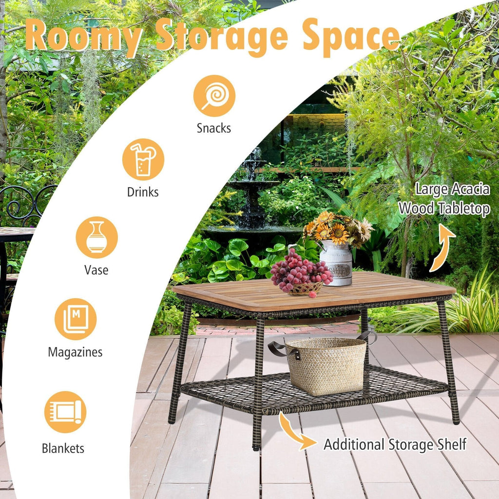 5 Piece Wicker Patio Conversation Set with 4 Armchairs and Acacia Top Table, Off White
