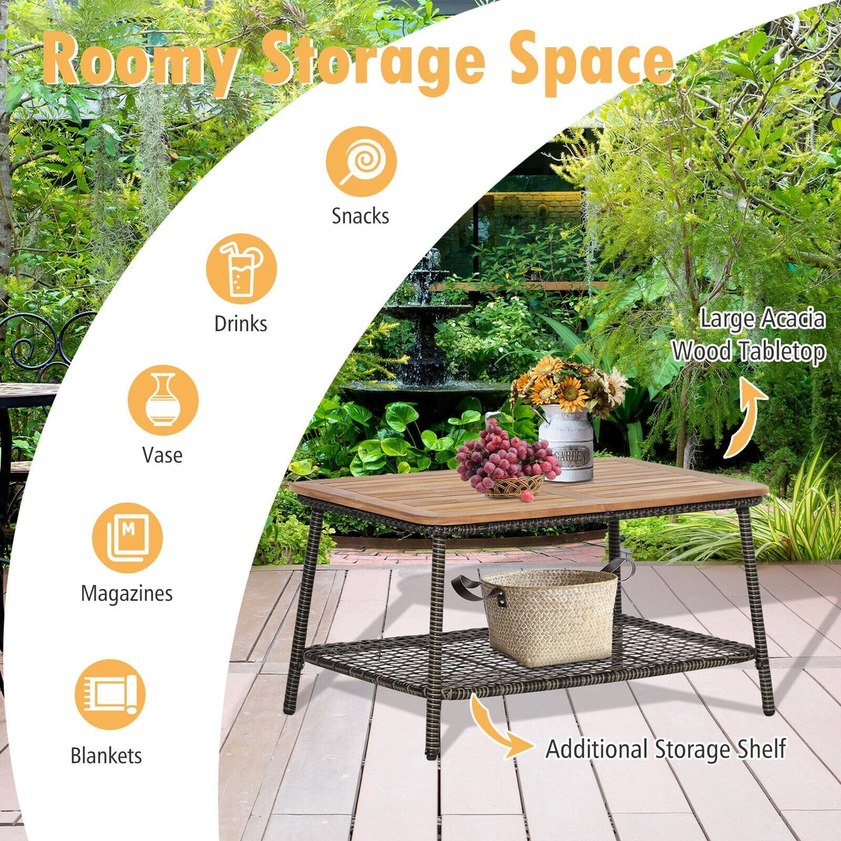 5 Piece Wicker Patio Conversation Set with 4 Armchairs and Acacia Top Table, Off White