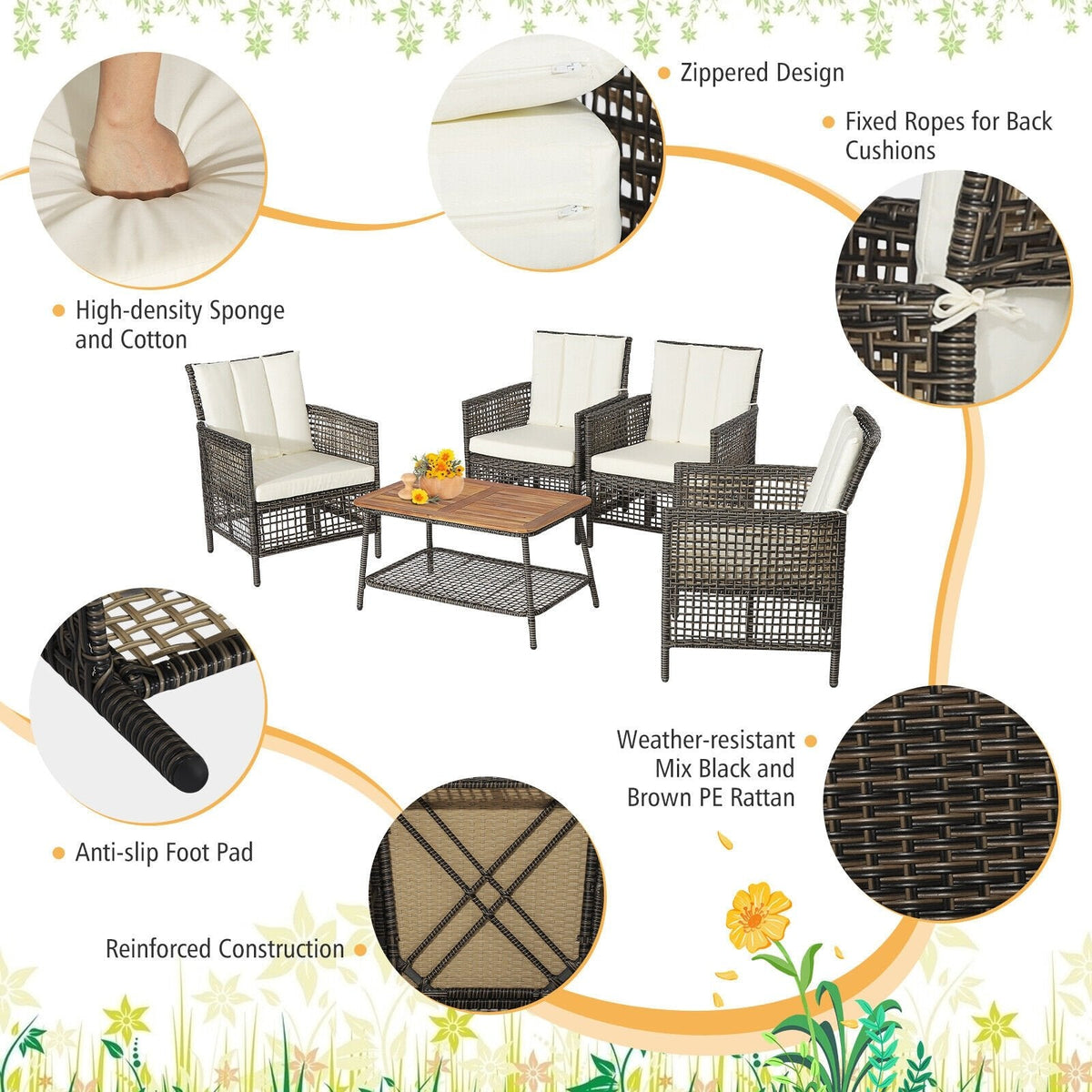 5 Piece Wicker Patio Conversation Set with 4 Armchairs and Acacia Top Table, Off White