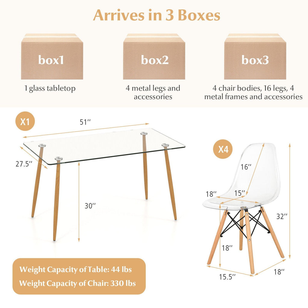 5 Pieces Rectangle Dining Table Set with 51 Inch Glass Tabletop-Transparent