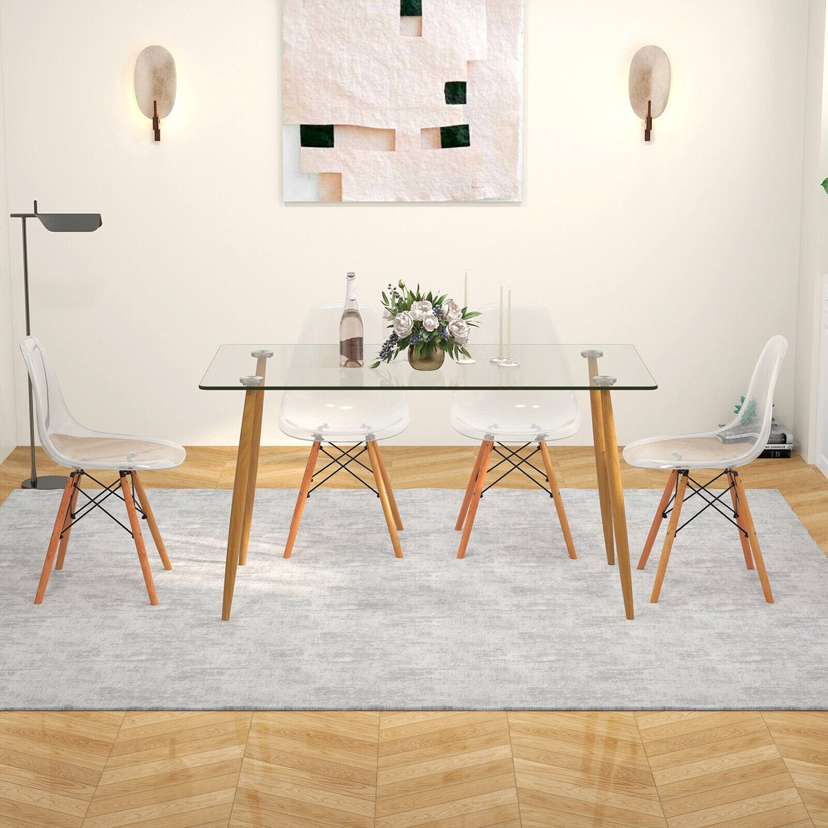 5 Pieces Rectangle Dining Table Set with 51 Inch Glass Tabletop-Transparent