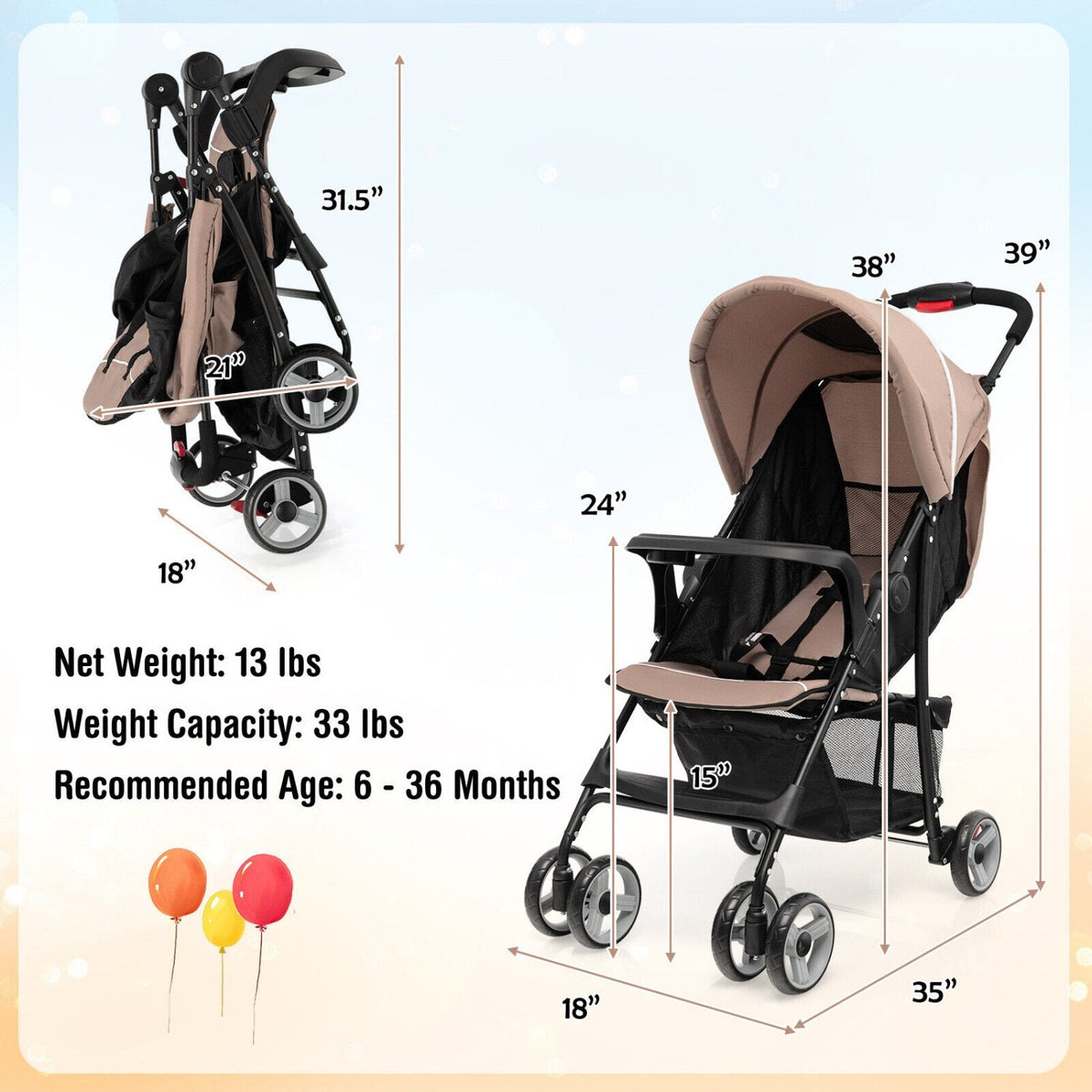 Toddler Travel Stroller for Airplane with Canopy and Adjustable Backrest-Coffee