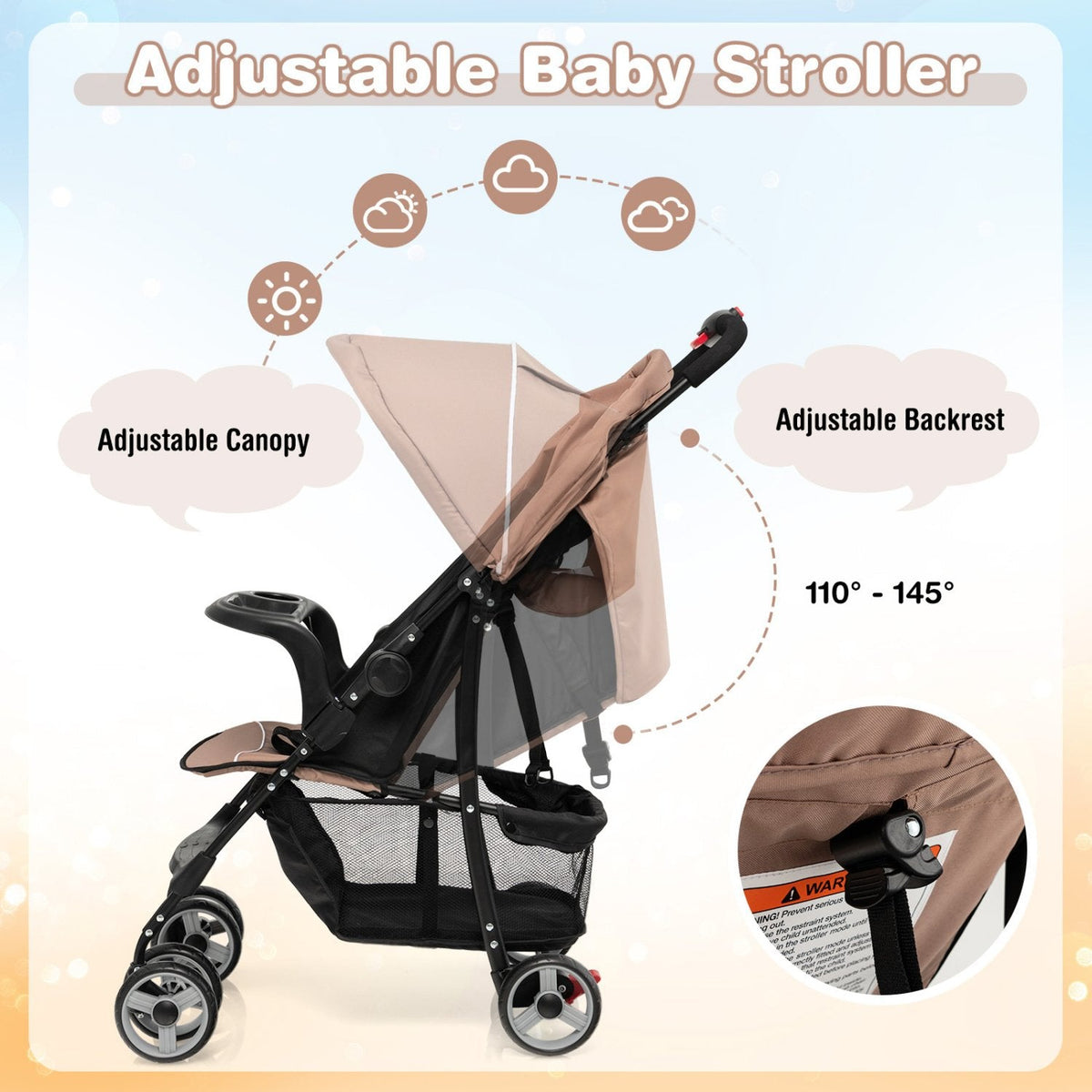 Toddler Travel Stroller for Airplane with Canopy and Adjustable Backrest-Coffee