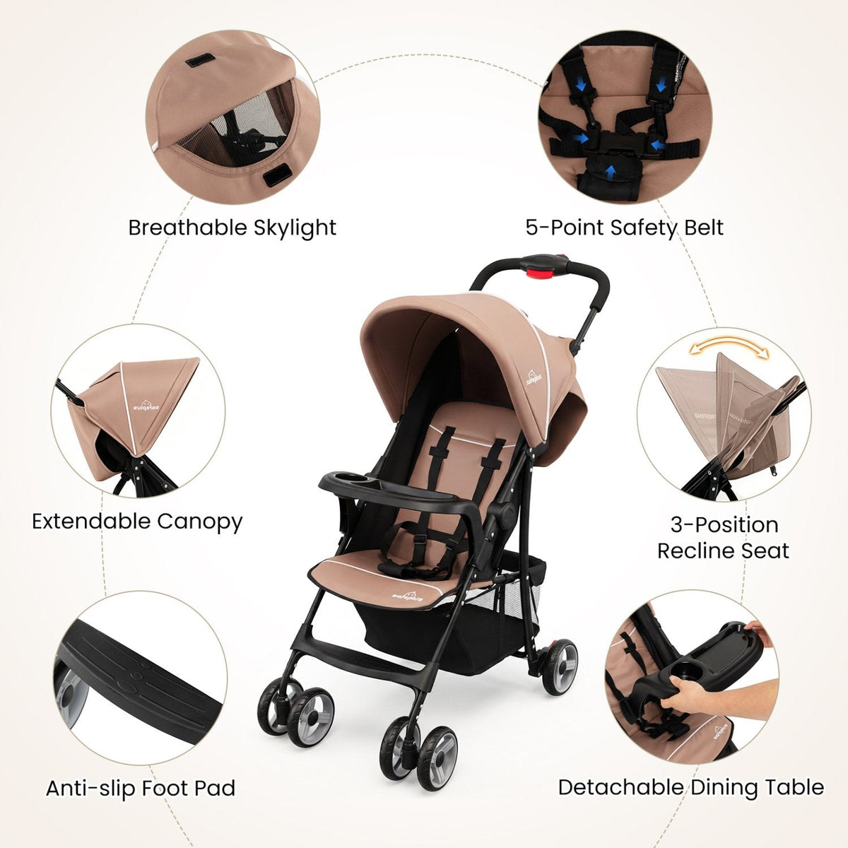Toddler Travel Stroller for Airplane with Canopy and Adjustable Backrest-Coffee