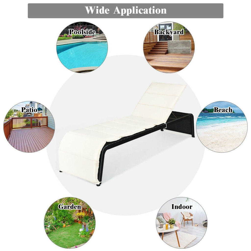 Rattan Chaise Recliner with Folding Cushion and Adjustable Back, Off White