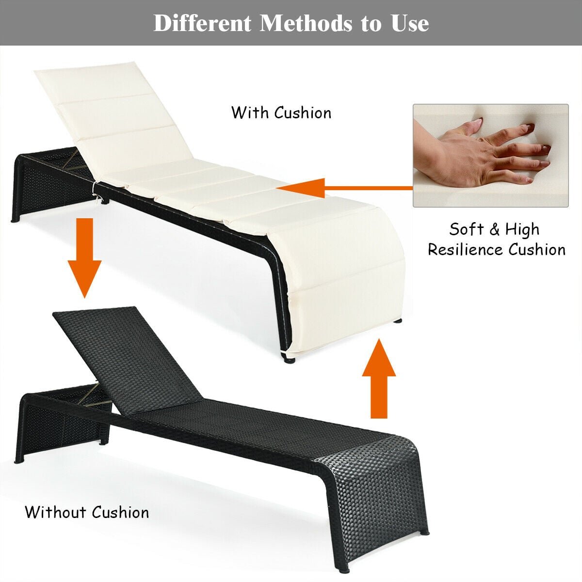 Rattan Chaise Recliner with Folding Cushion and Adjustable Back, Off White