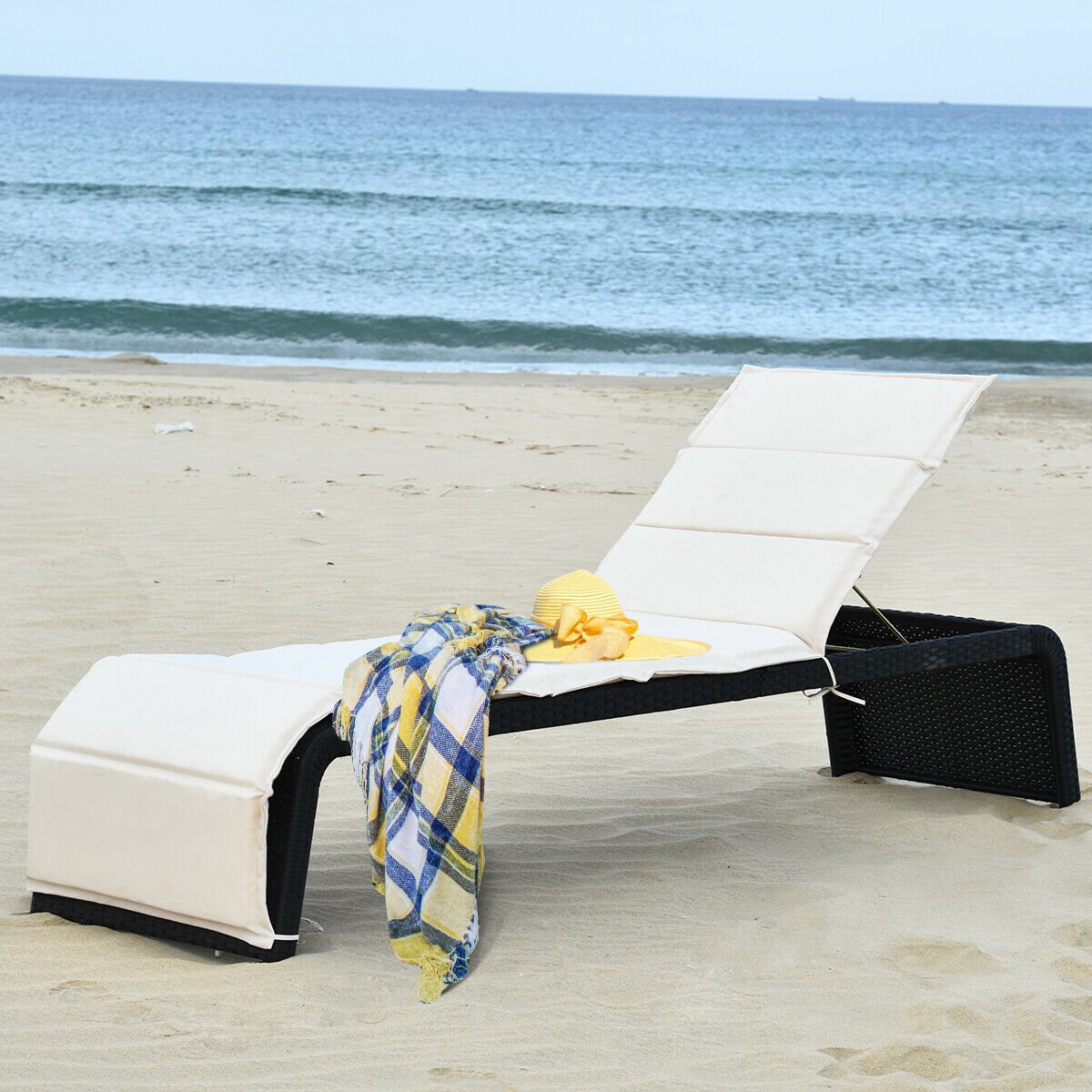 Rattan Chaise Recliner with Folding Cushion and Adjustable Back, Off White