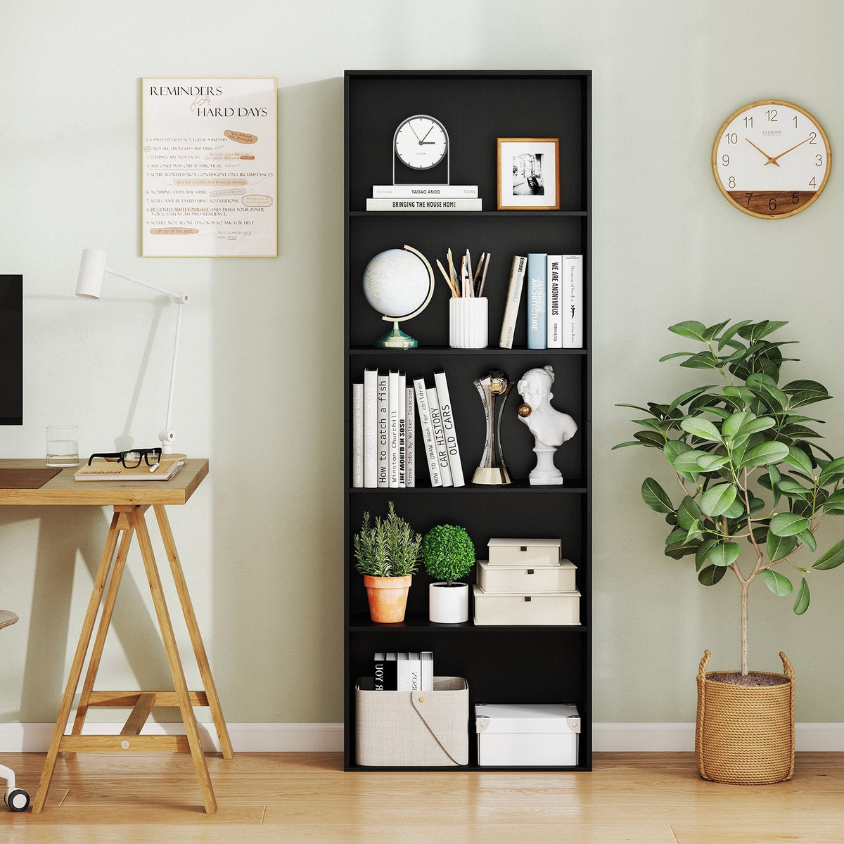 5 Shelf Black Bookcase, Tall Narrow Open Bookshelf for Books and Display