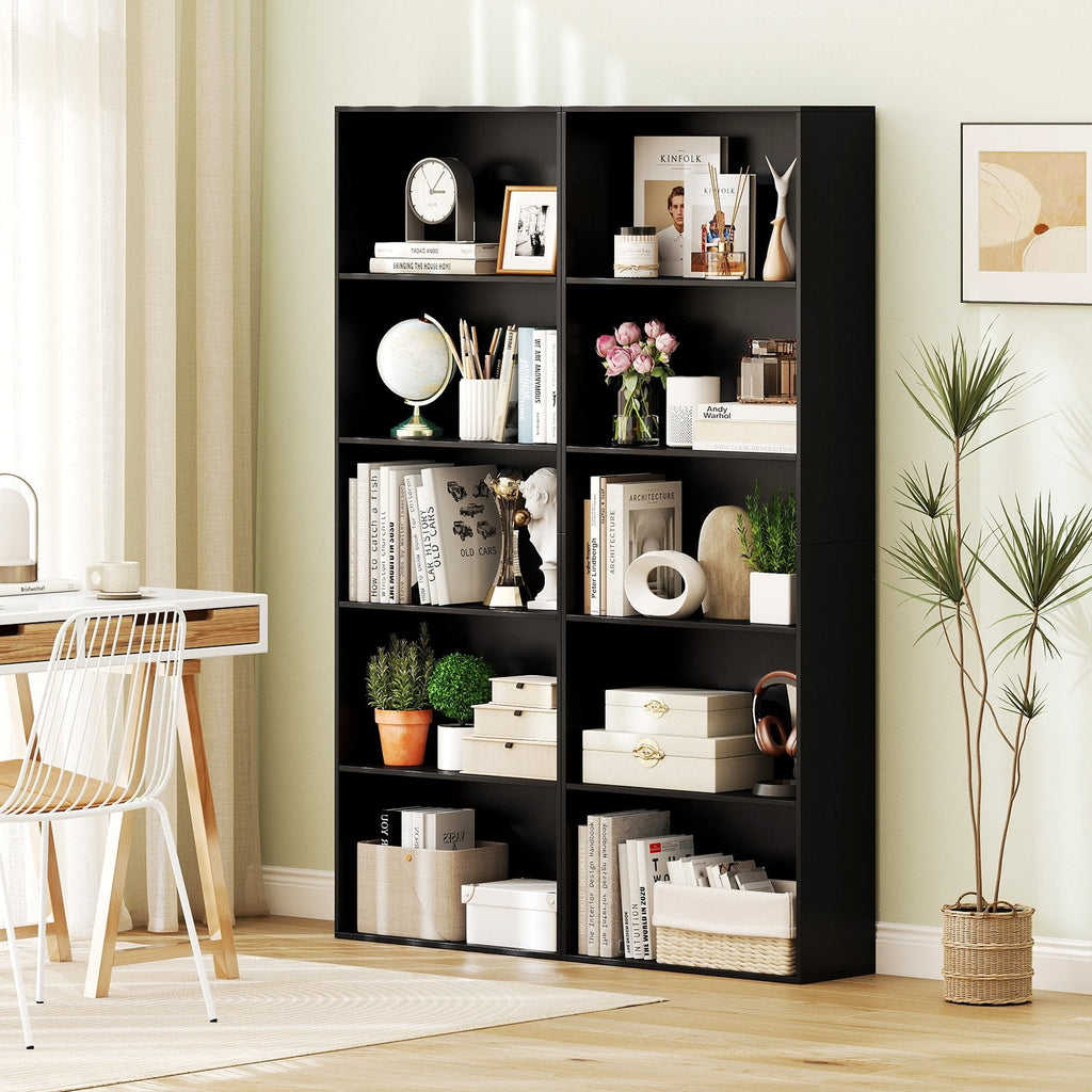 5 Shelf Black Bookcase, Tall Narrow Open Bookshelf for Books and Display