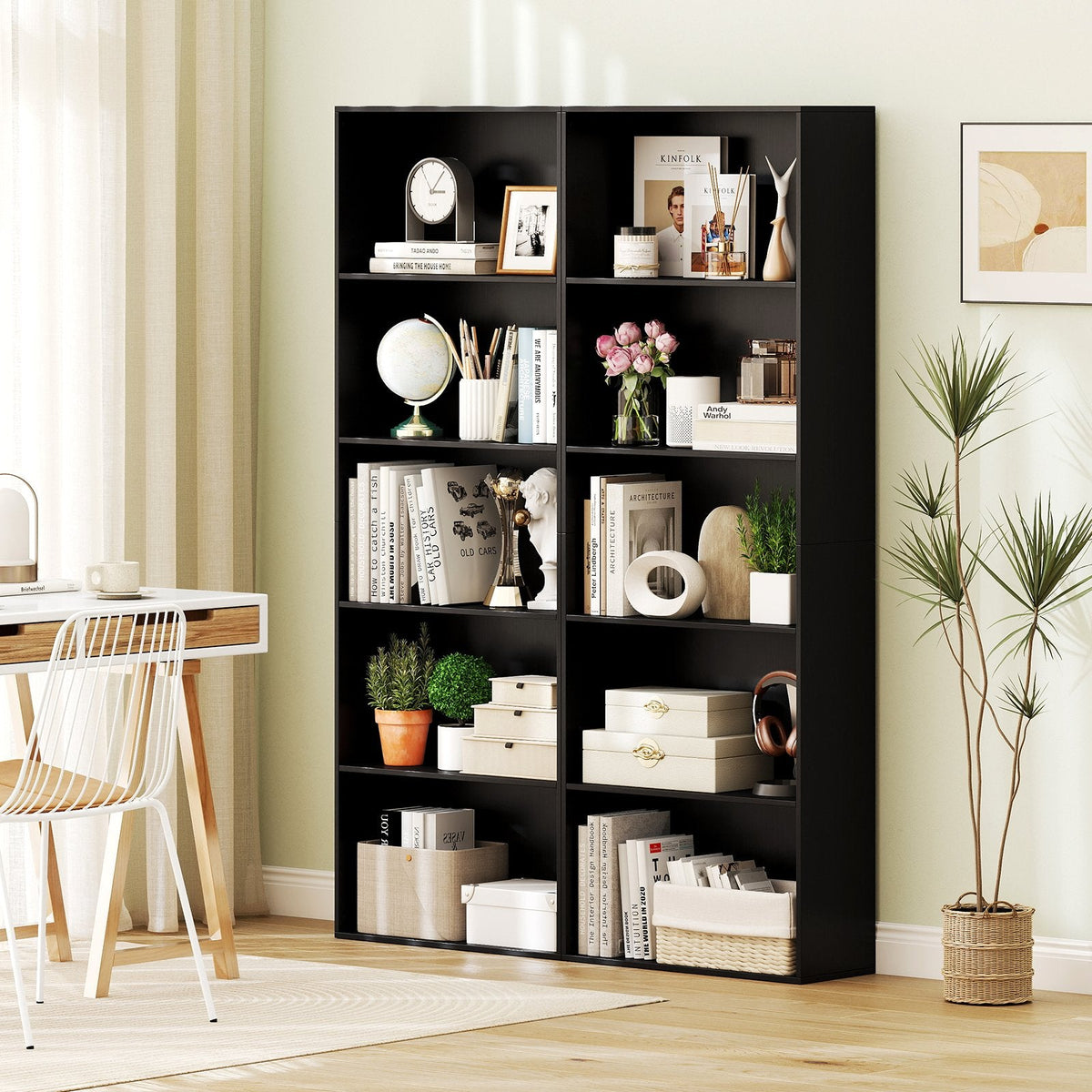 5 Shelf Black Bookcase, Tall Narrow Open Bookshelf for Books and Display