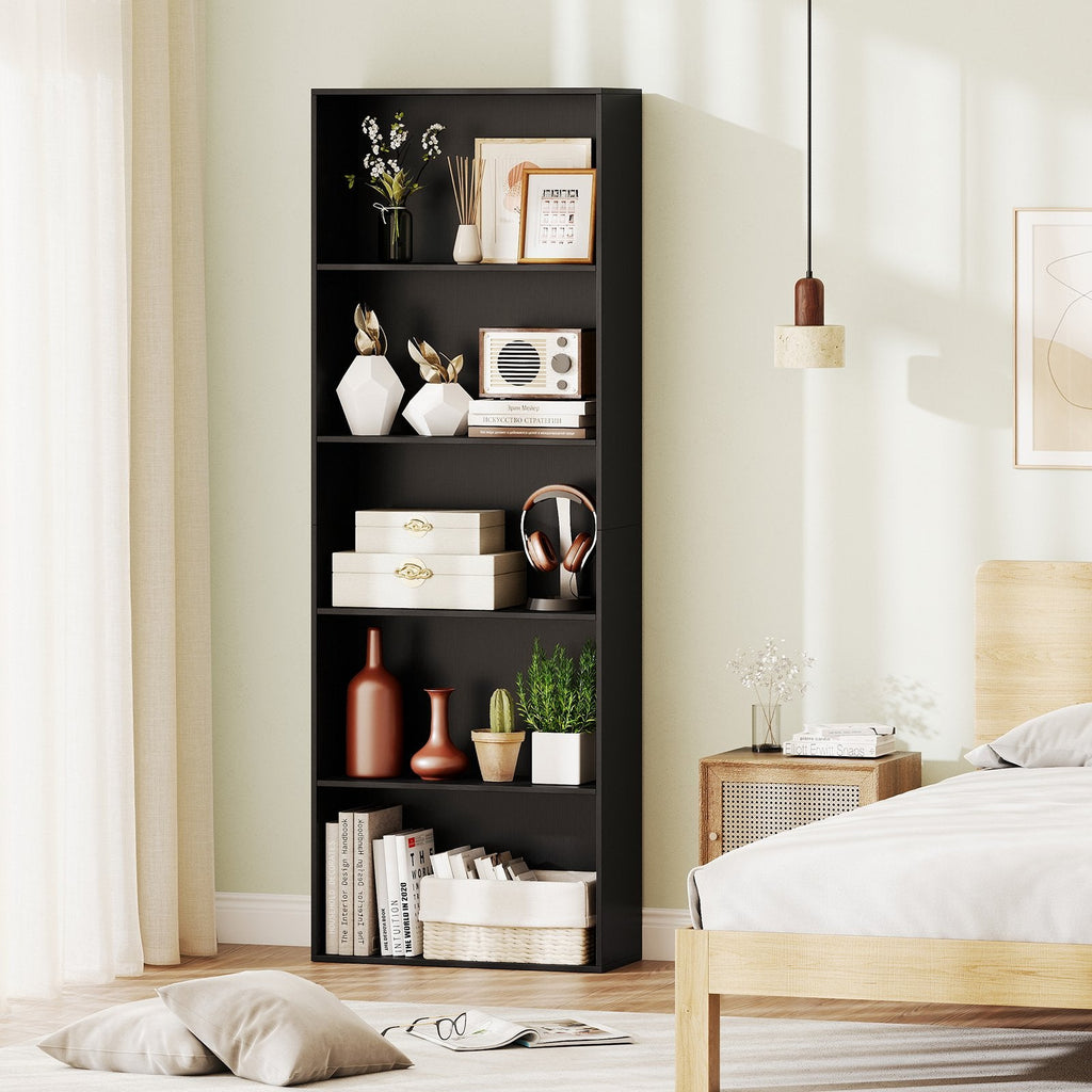 5 Shelf Black Bookcase, Tall Narrow Open Bookshelf for Books and Display