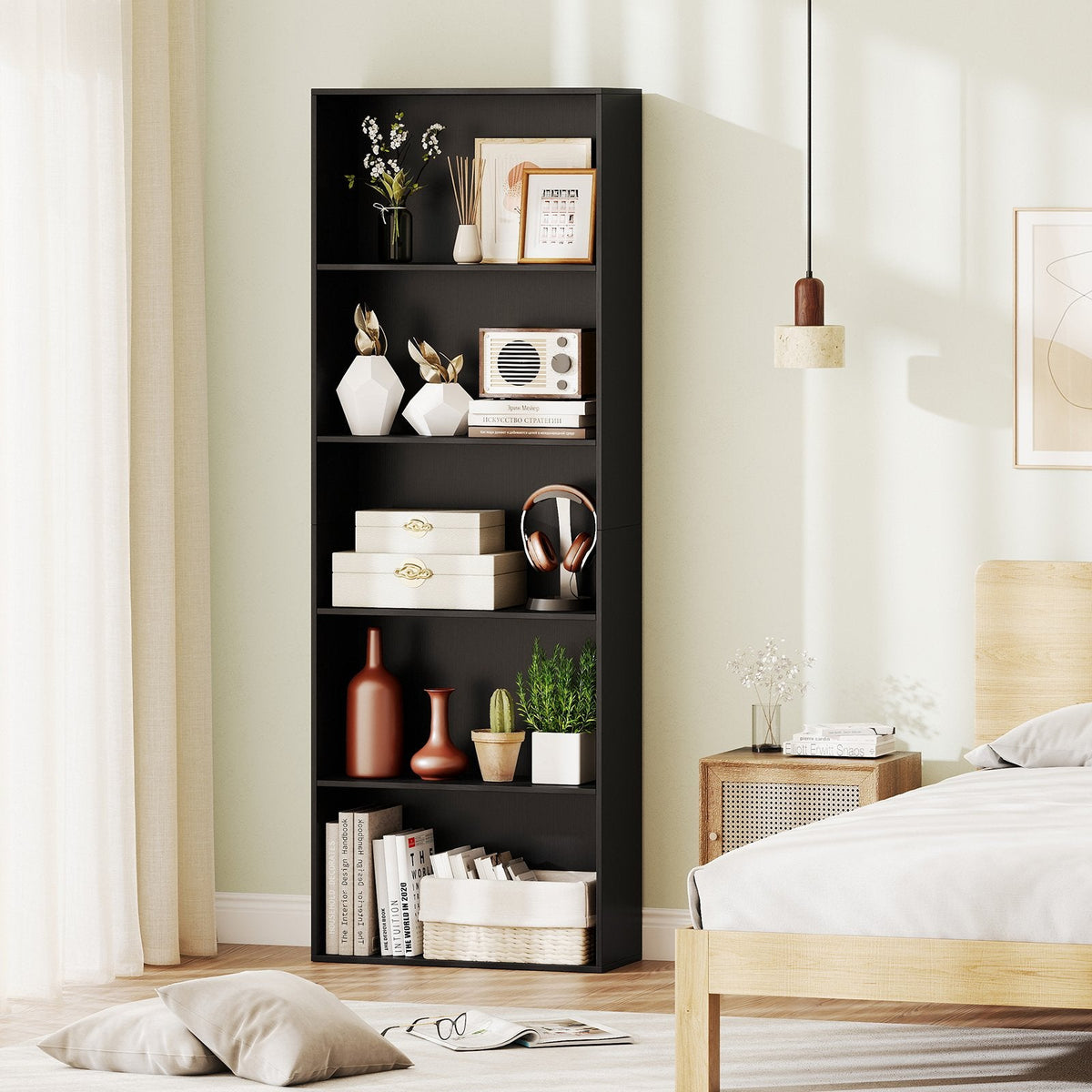 5 Shelf Black Bookcase, Tall Narrow Open Bookshelf for Books and Display