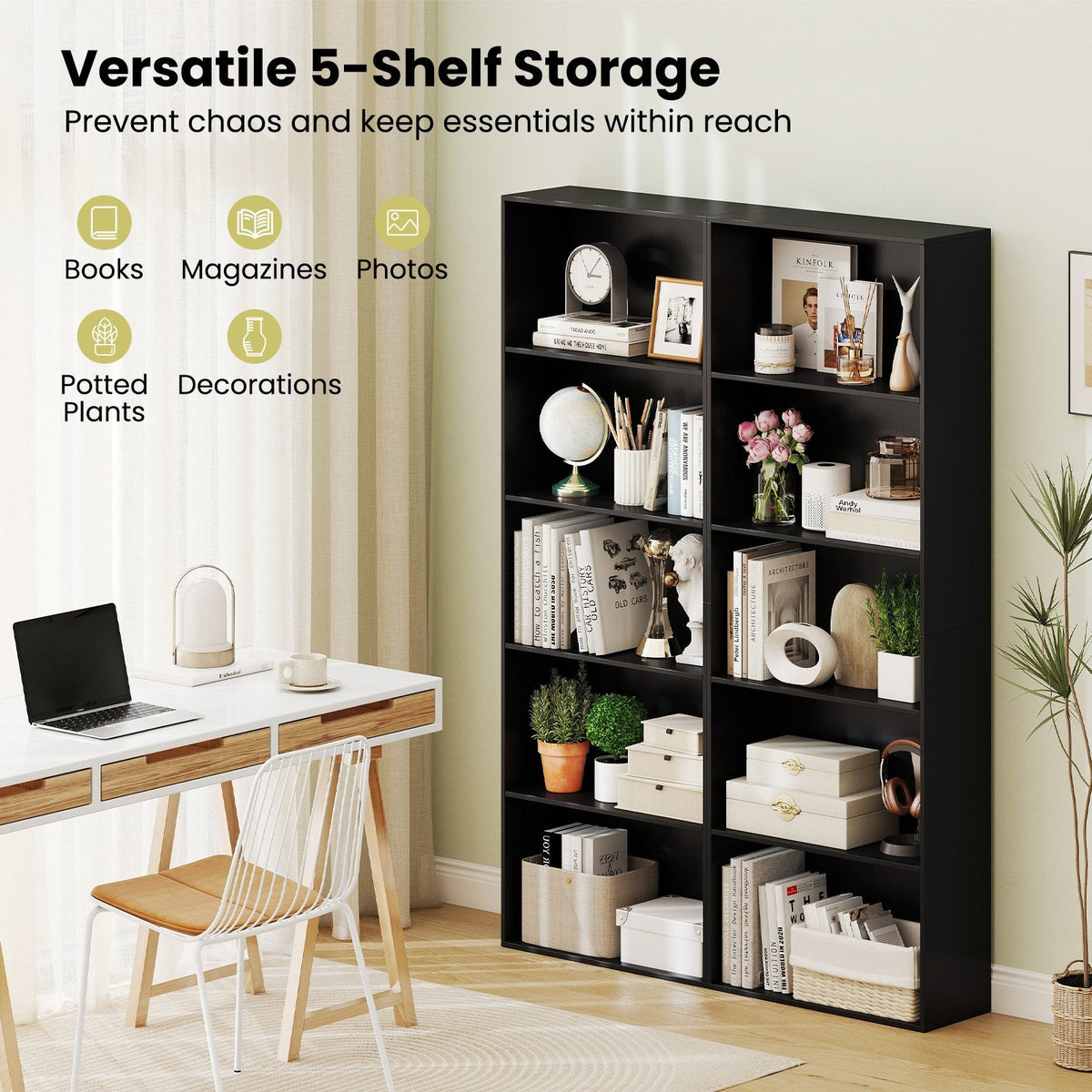 5 Shelf Black Bookcase, Tall Narrow Open Bookshelf for Books and Display