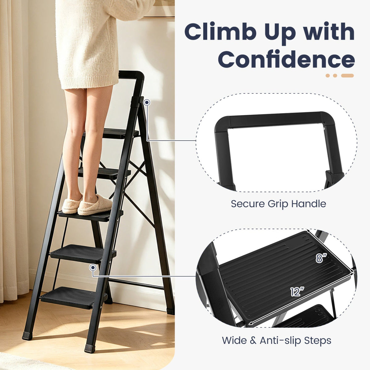 5 Step Black Folding Step Stool with Wide Anti-slip Pedals