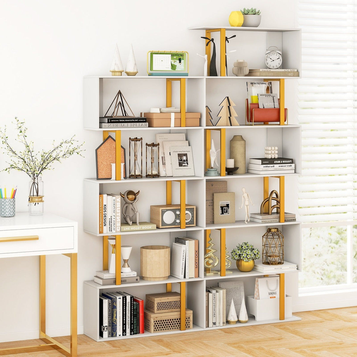 5-Tier/6-Tier Geometric Bookcase with Metal Frame and Anti-tipping Kits-6-Tier