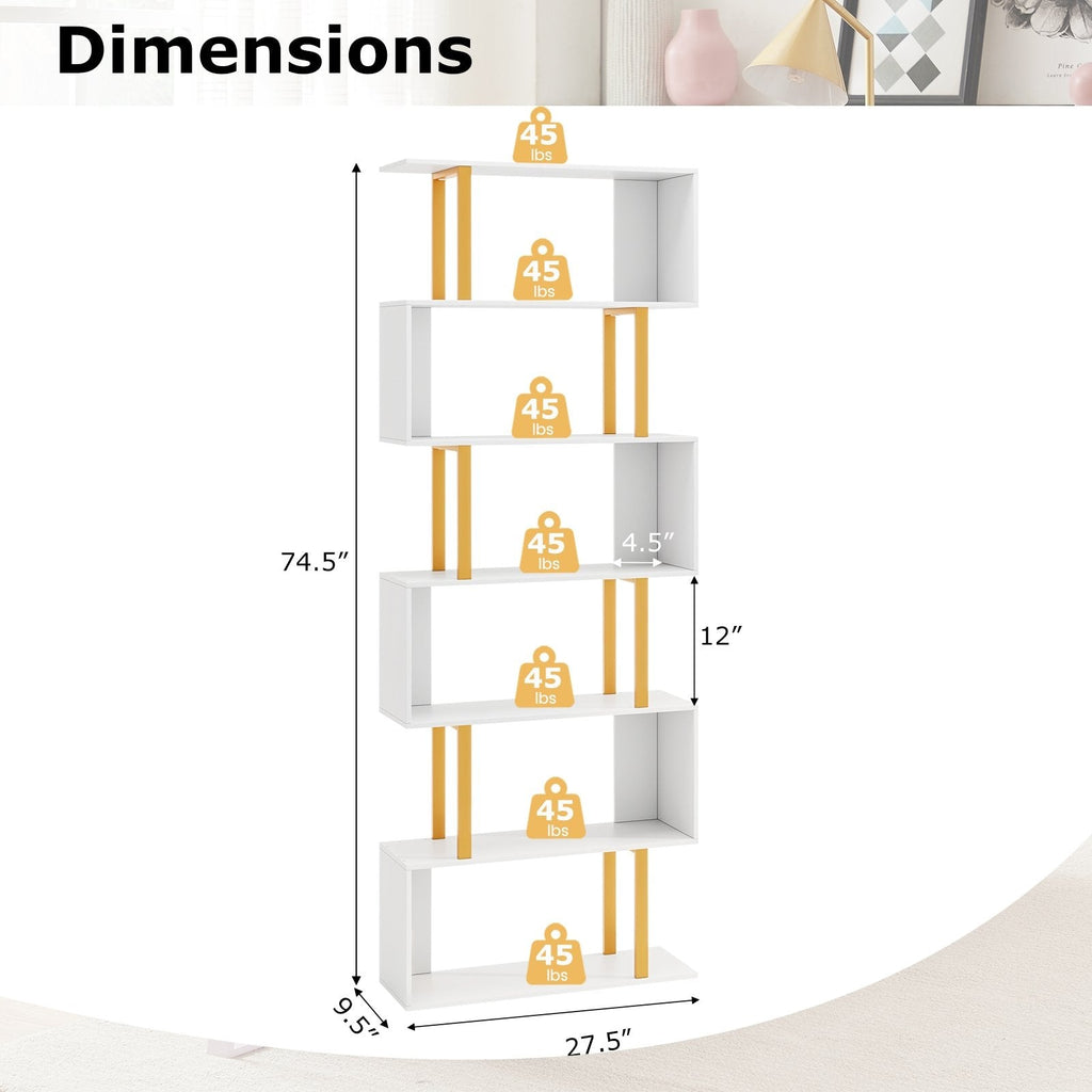 5-Tier/6-Tier Geometric Bookcase with Metal Frame and Anti-tipping Kits-6-Tier
