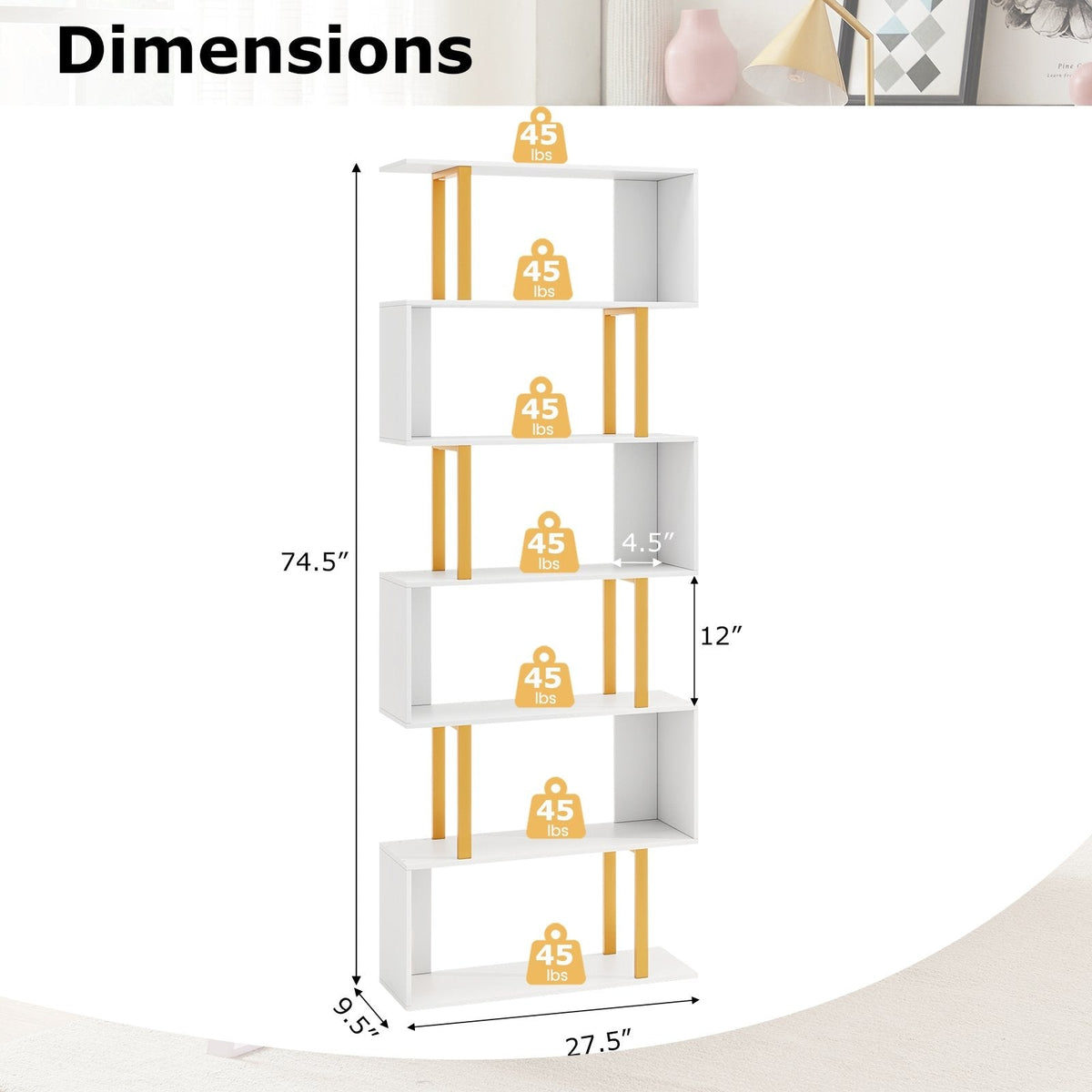 5-Tier/6-Tier Geometric Bookcase with Metal Frame and Anti-tipping Kits-6-Tier