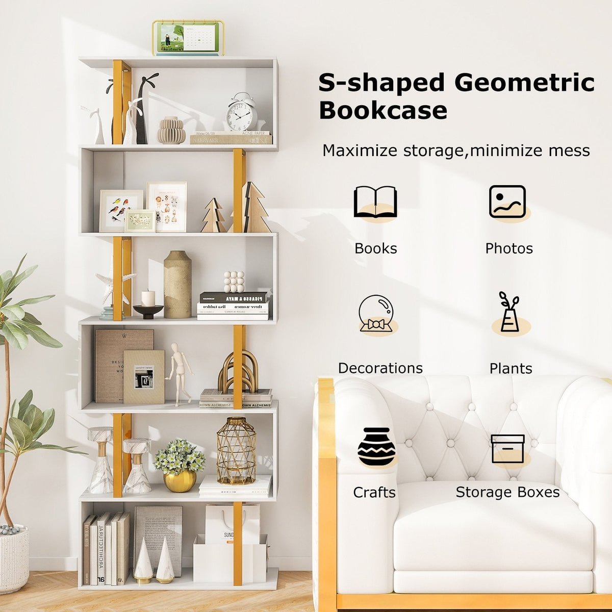 5-Tier/6-Tier Geometric Bookcase with Metal Frame and Anti-tipping Kits-6-Tier