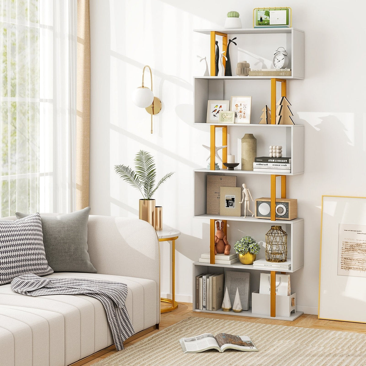 5-Tier/6-Tier Geometric Bookcase with Metal Frame and Anti-tipping Kits-6-Tier