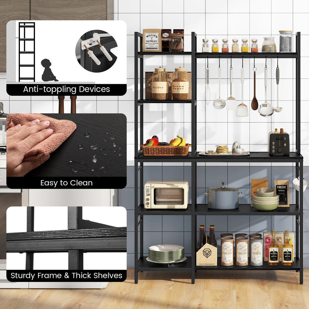 5-Tier Bakers Rack with Power Outlets and 10 S-Shaped Hooks-Black