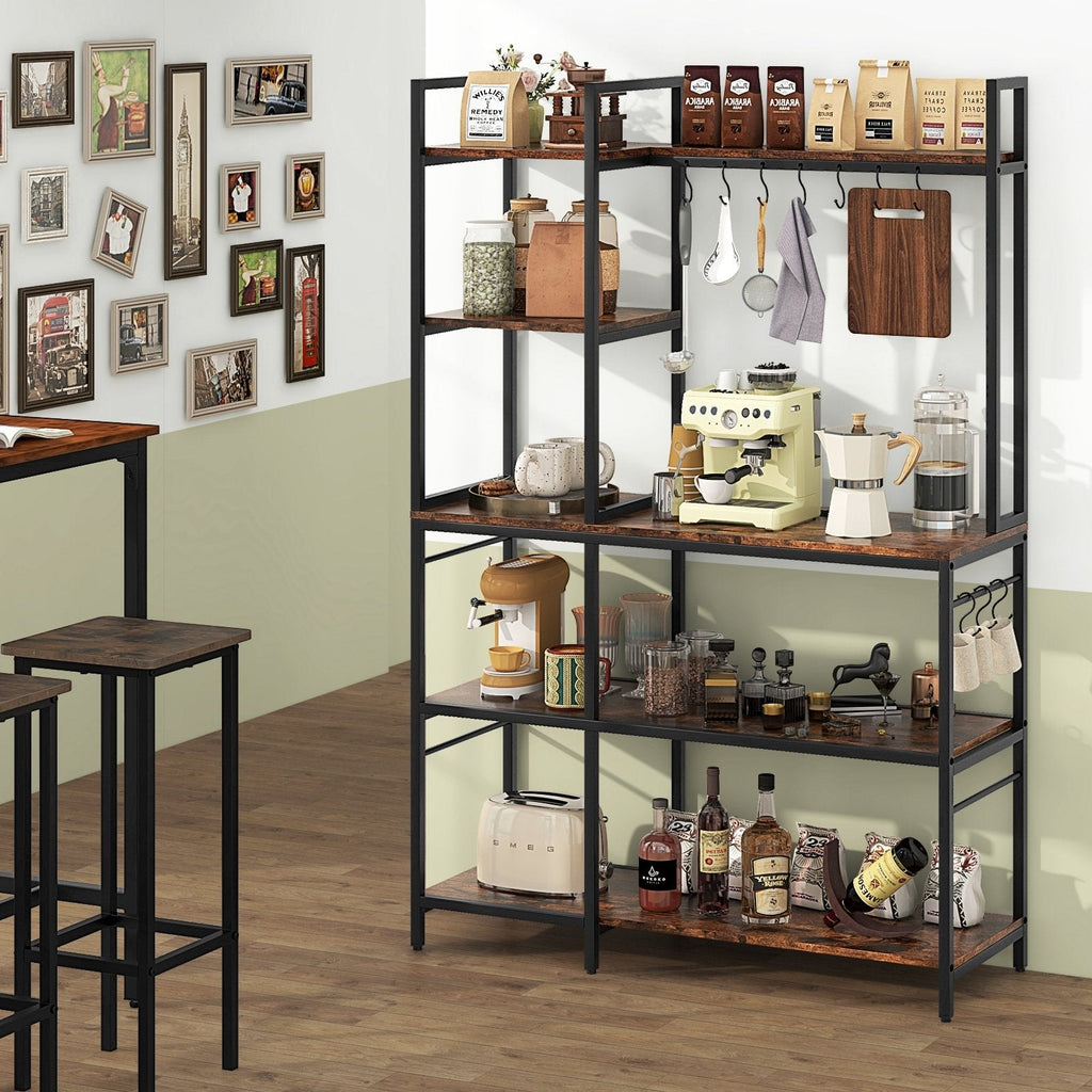 5-Tier Bakers Rack with Power Outlets and 10 S-Shaped Hooks-Rustic Brown