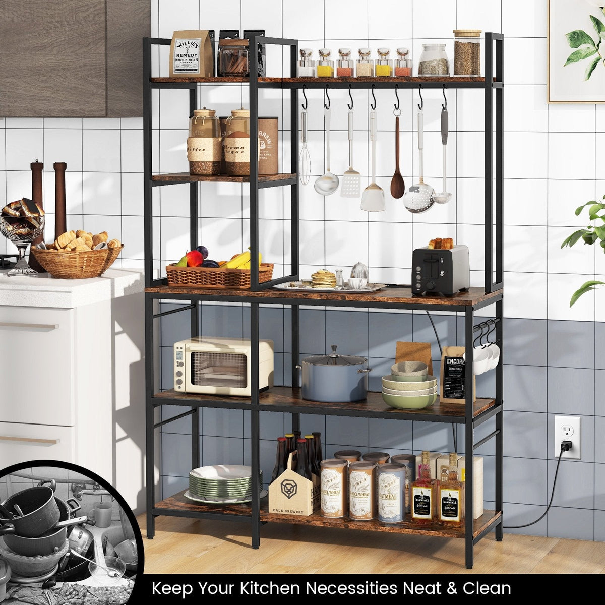 5-Tier Bakers Rack with Power Outlets and 10 S-Shaped Hooks-Rustic Brown
