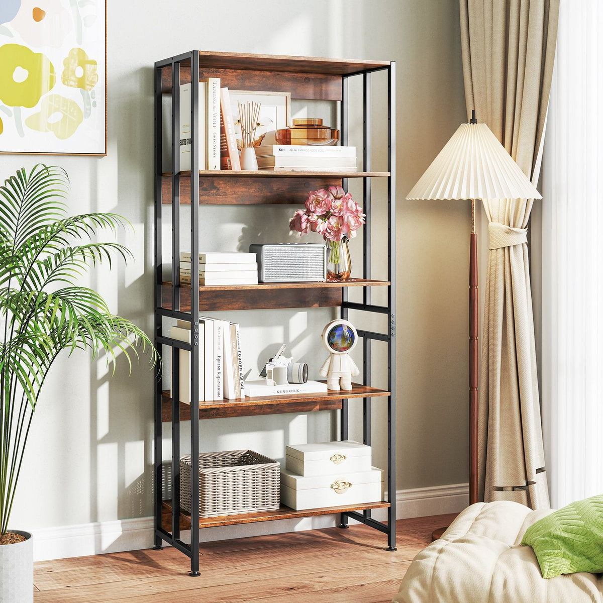 5-Tier Bookshelf with Adjustable and Tiltable Shelves-Rustic Brown
