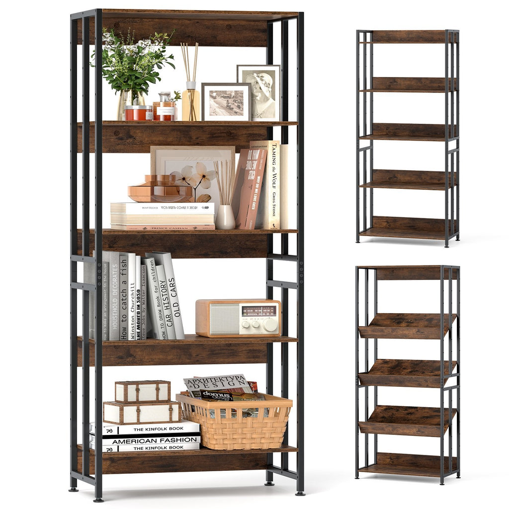 5-Tier Bookshelf with Adjustable and Tiltable Shelves-Rustic Brown