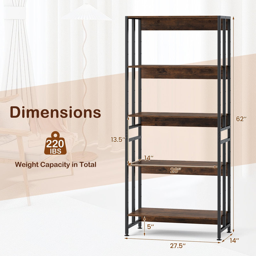 5-Tier Bookshelf with Adjustable and Tiltable Shelves-Rustic Brown