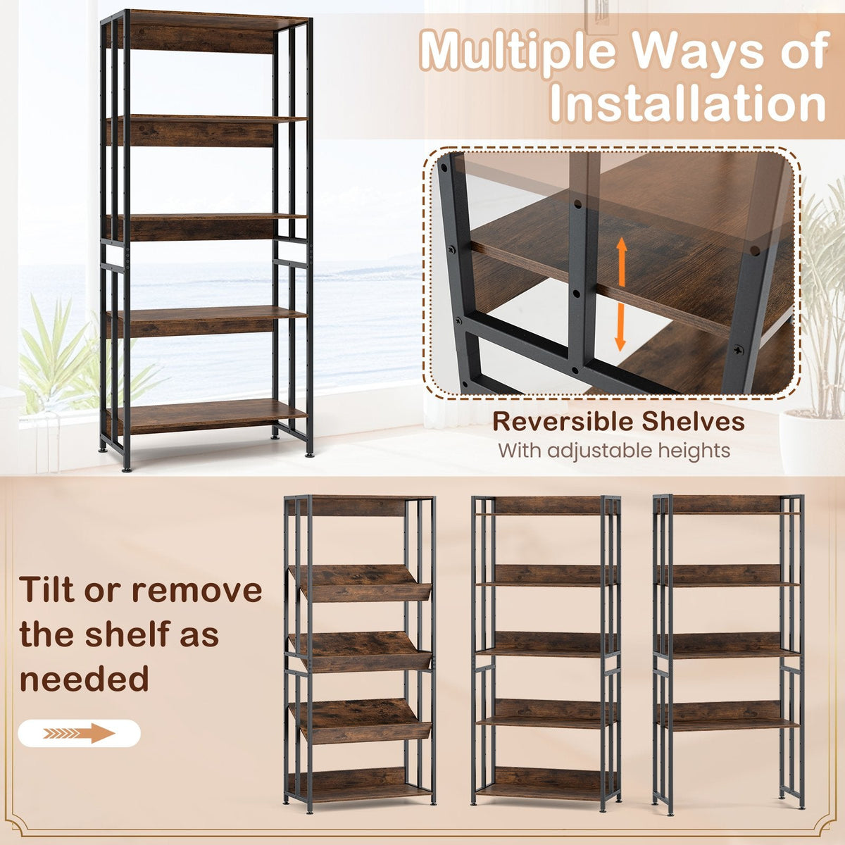 5-Tier Bookshelf with Adjustable and Tiltable Shelves-Rustic Brown