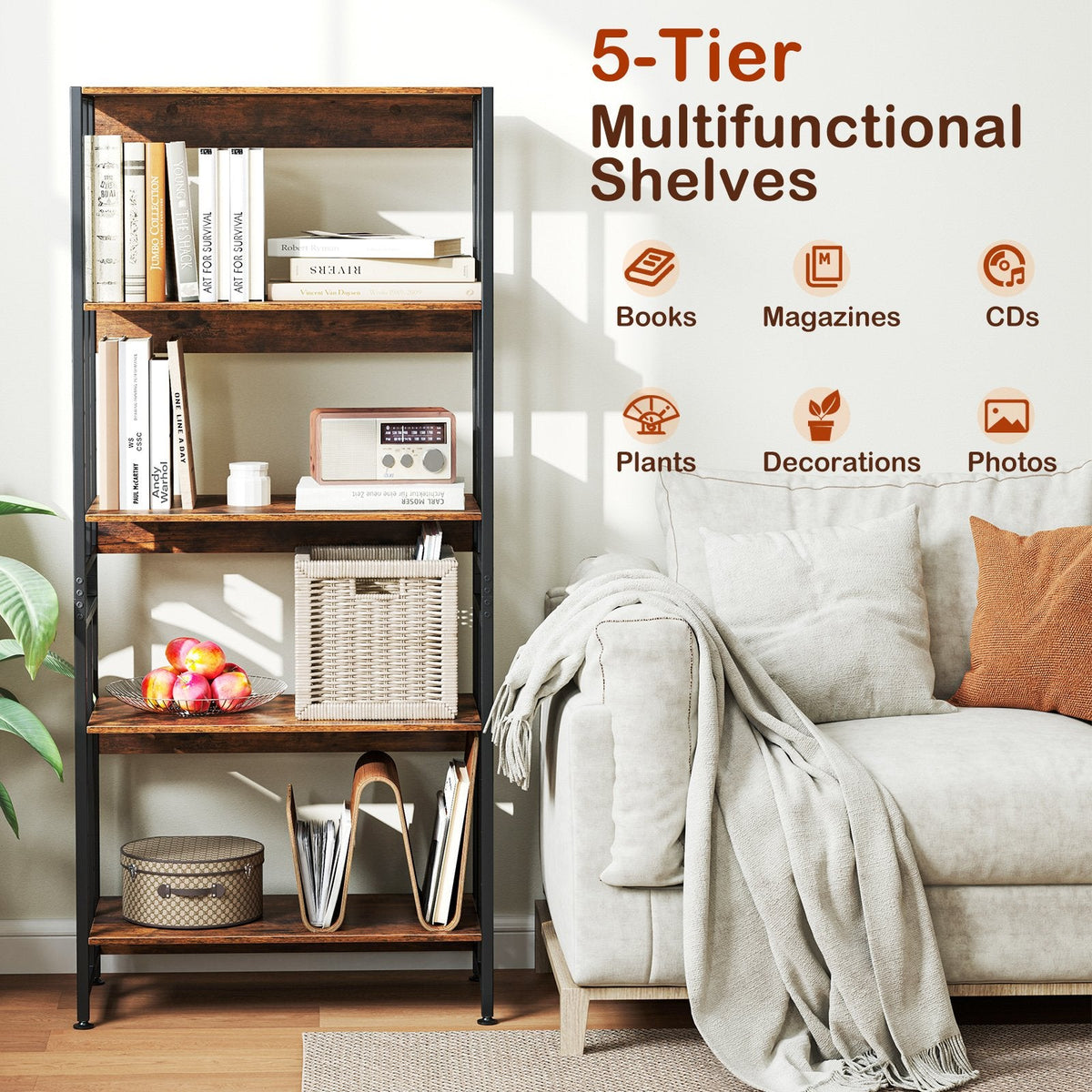 5-Tier Bookshelf with Adjustable and Tiltable Shelves-Rustic Brown