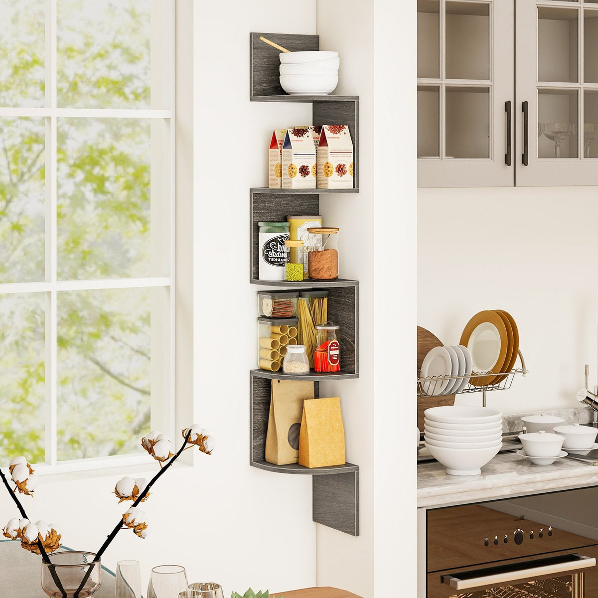 5-Tier Corner Shelf Floating Bookshelf Wall Mounted Storage Organizer-Oak