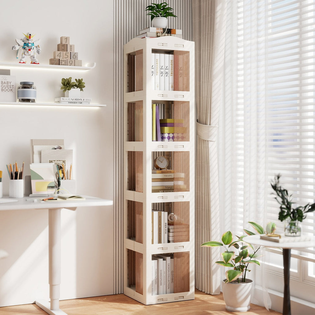 5-Tier Foldable Rotating Bookshelf 360° Spinning Bookcase with Swivel Base-White