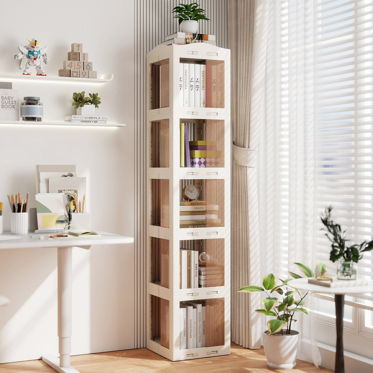 5-Tier Foldable Rotating Bookshelf 360° Spinning Bookcase with Swivel Base-White