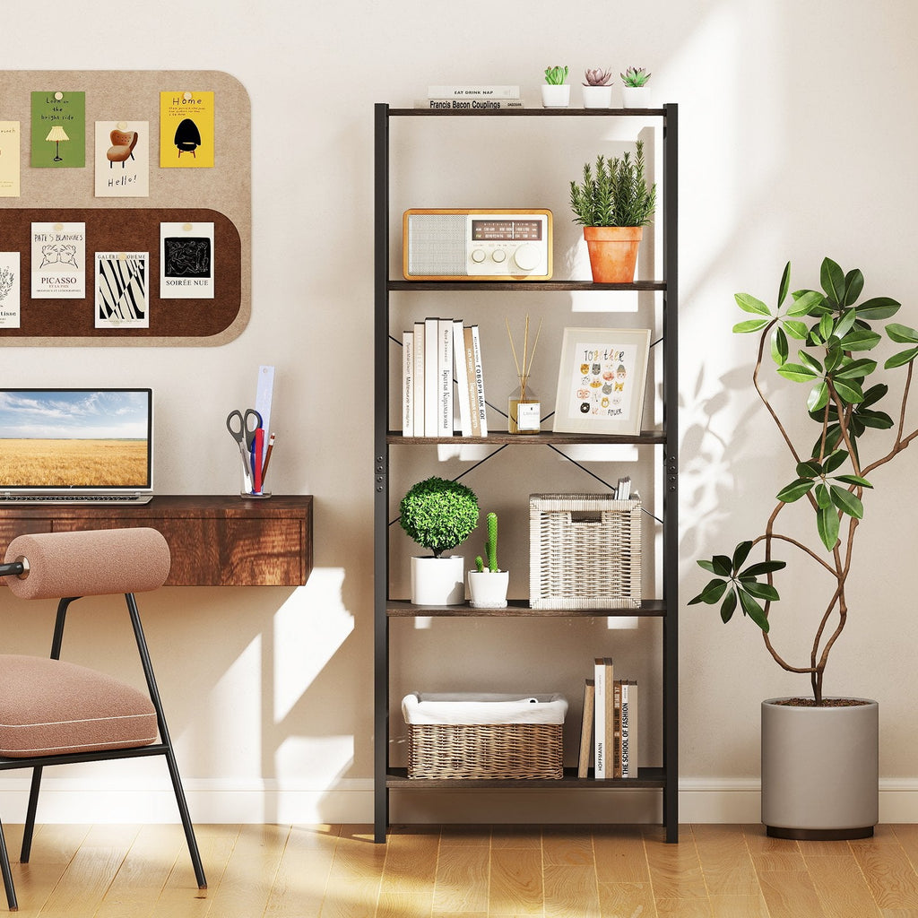 5 Tier Industrial Bookshelf with Black Metal Frame, Display Storage Rack, Grey