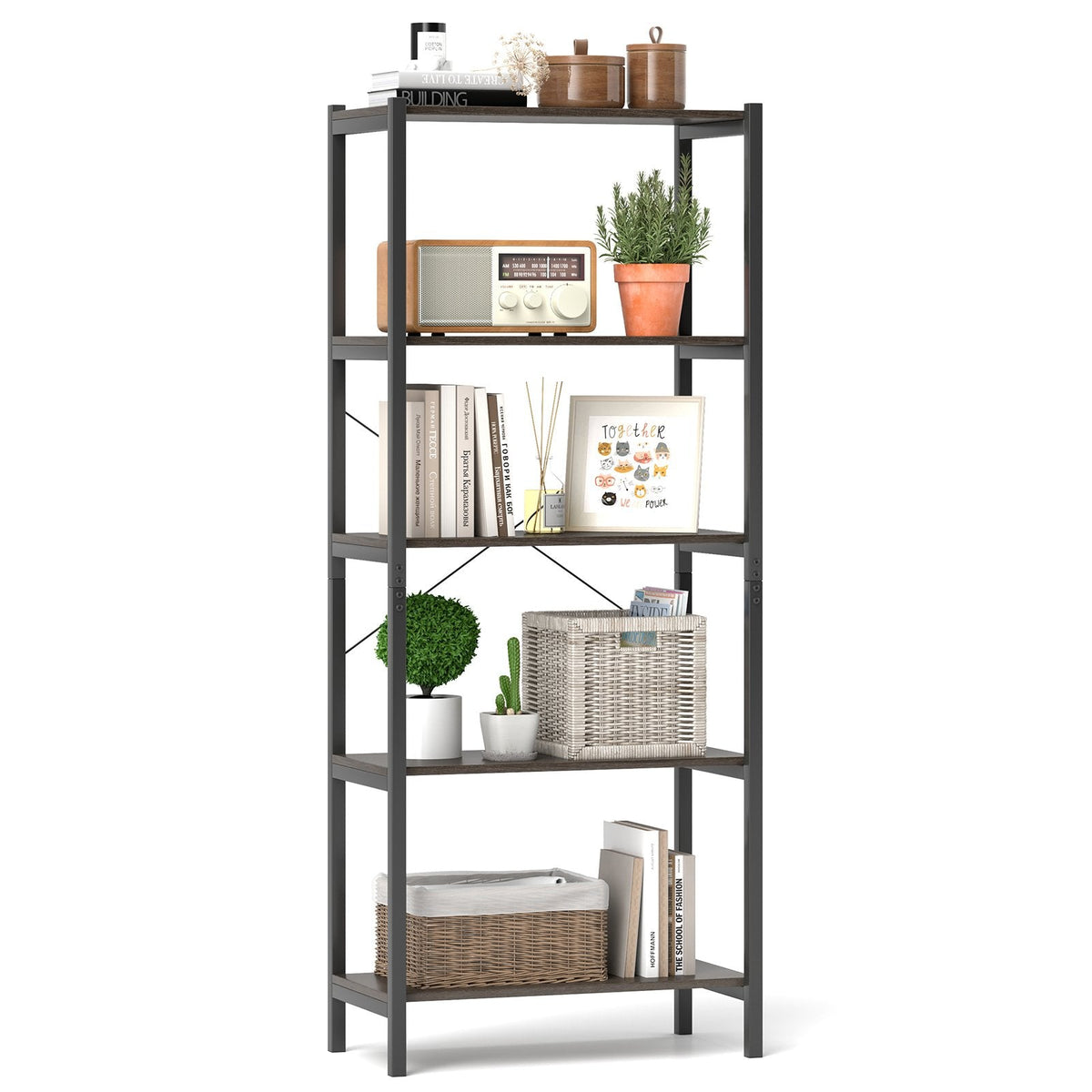 5 Tier Industrial Bookshelf with Black Metal Frame, Display Storage Rack, Grey