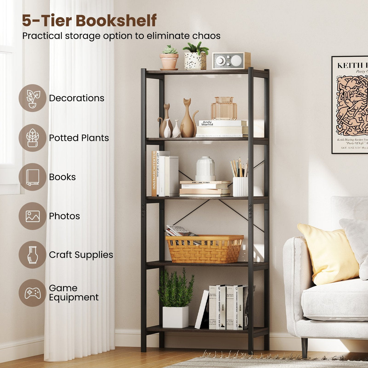 5 Tier Industrial Bookshelf with Black Metal Frame, Display Storage Rack, Grey