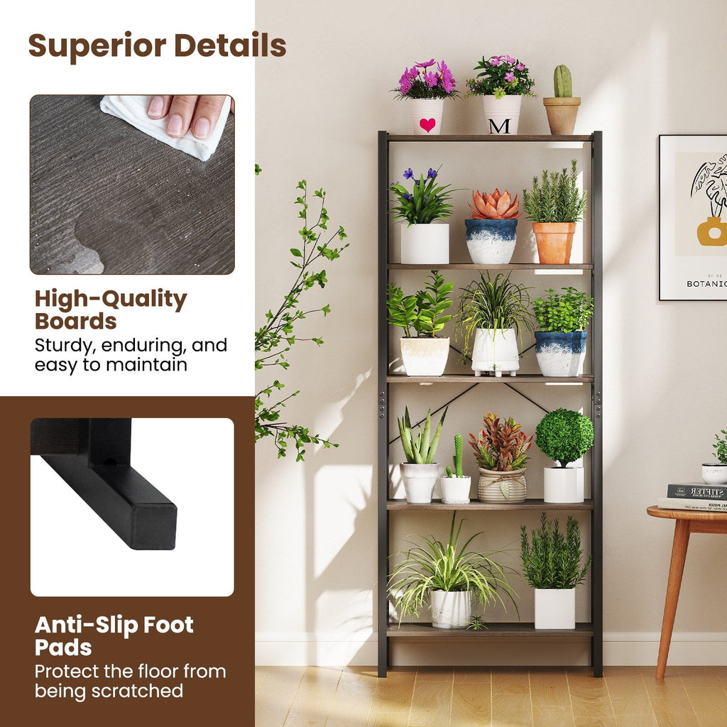 5 Tier Industrial Bookshelf with Black Metal Frame, Display Storage Rack, Grey