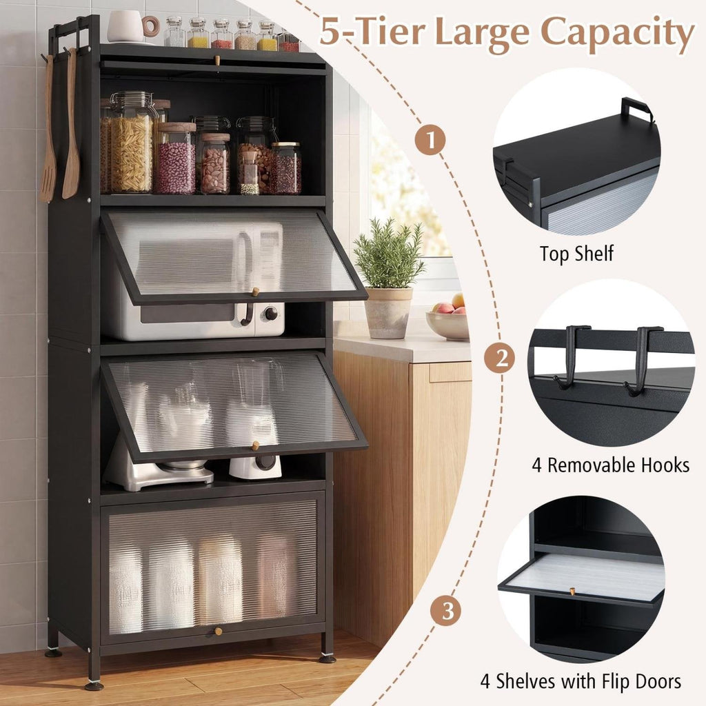 5-Tier Kitchen Baker's Rack with Flip-up PC Doors-Black