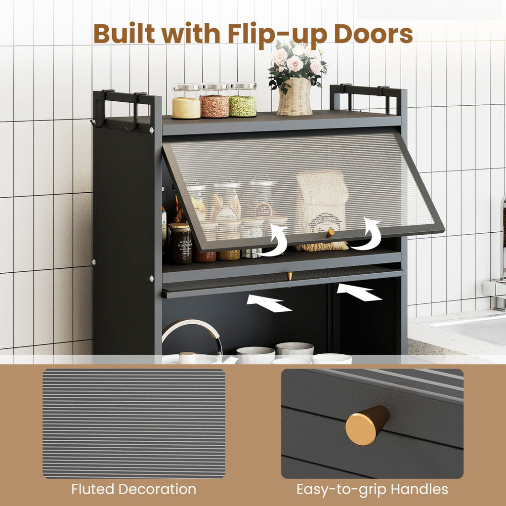5-Tier Kitchen Storage Cabinet with 4 Flip-up PC Doors Adjustable Feet and Rolling Wheels-Black