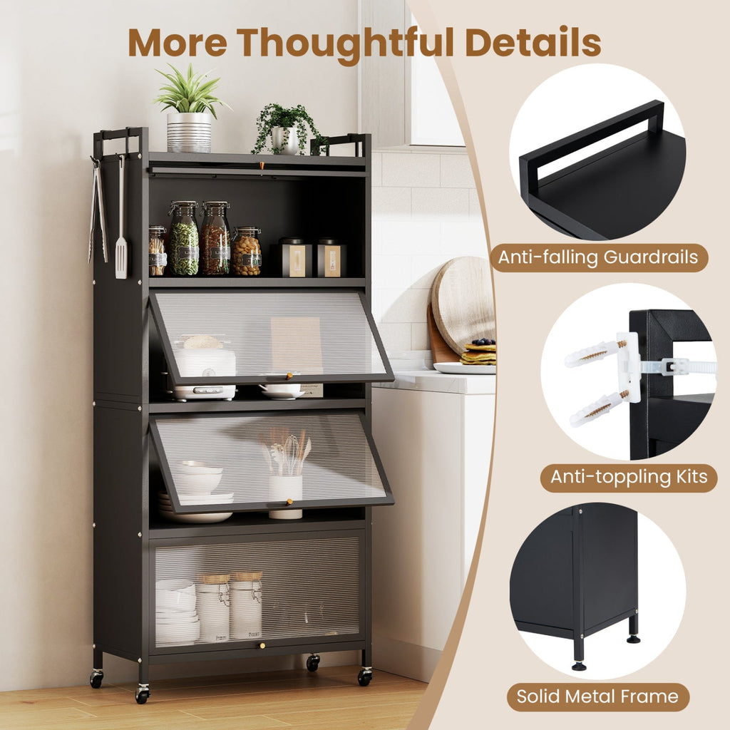 5-Tier Kitchen Storage Cabinet with 4 Flip-up PC Doors Adjustable Feet and Rolling Wheels-Black