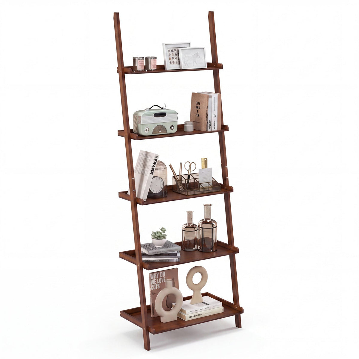 5-Tier Ladder Shelf Bamboo Bookshelf Wall-Leaning Storage Display Plant Stand-Walnut