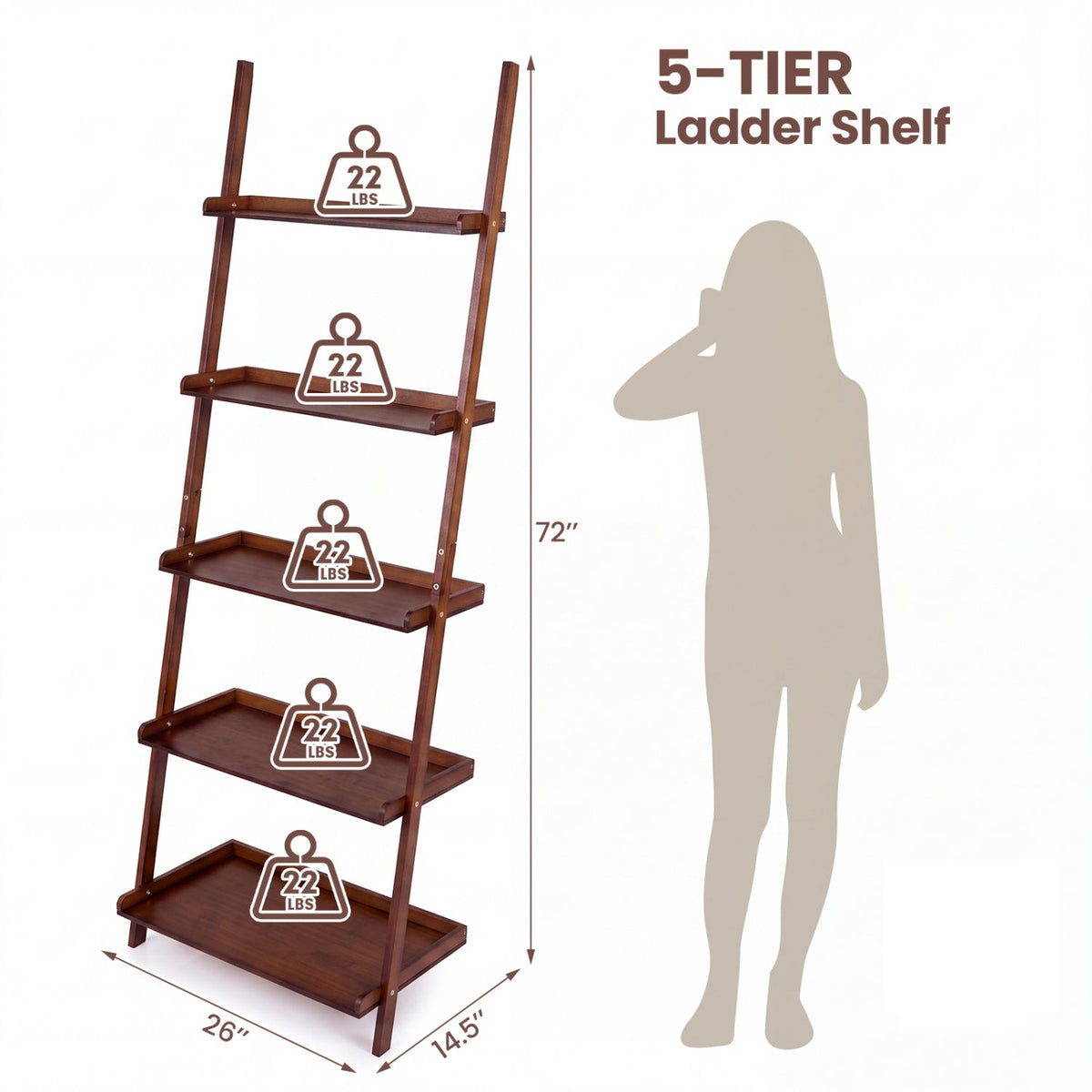 5-Tier Ladder Shelf Bamboo Bookshelf Wall-Leaning Storage Display Plant Stand-Walnut