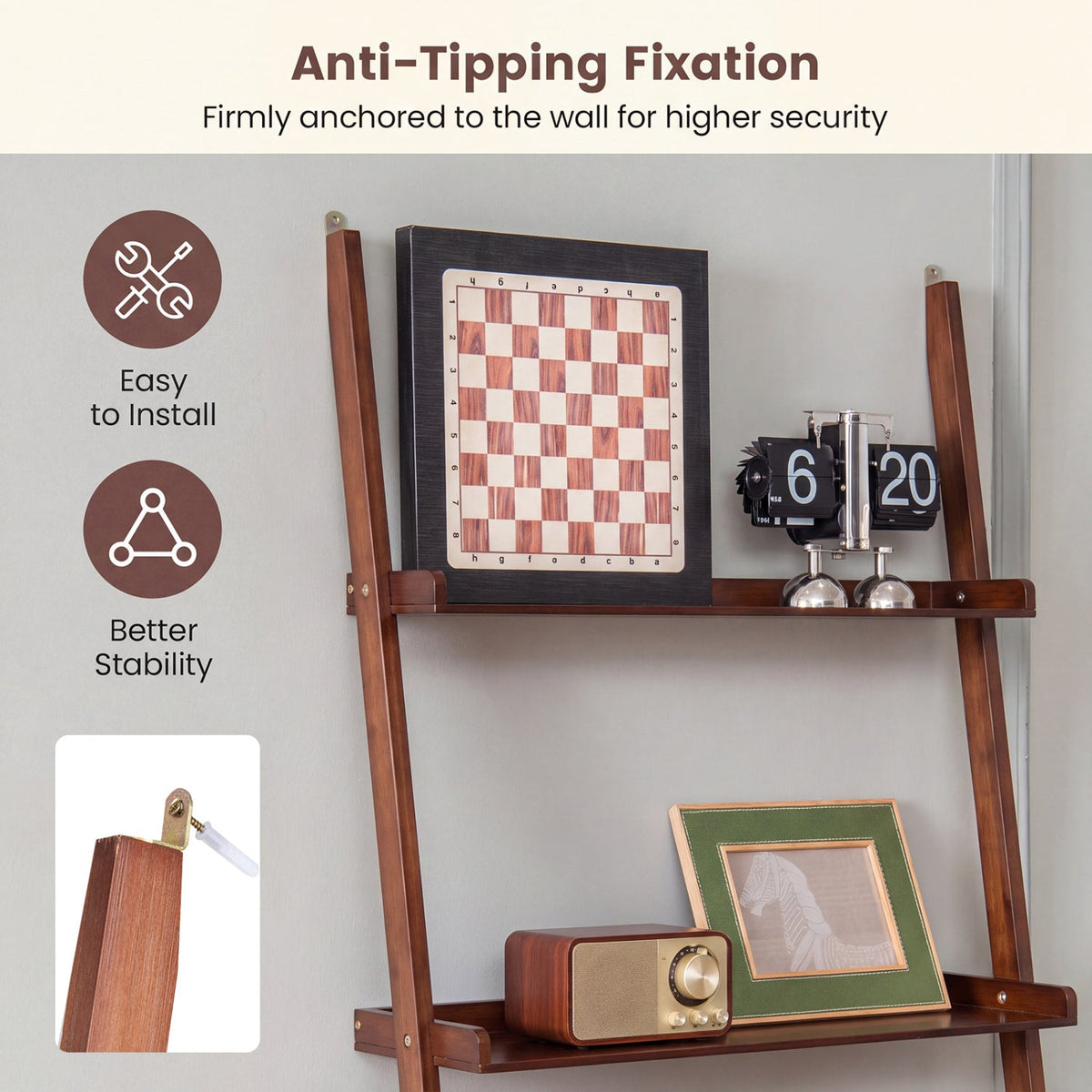 5-Tier Ladder Shelf Bamboo Bookshelf Wall-Leaning Storage Display Plant Stand-Walnut