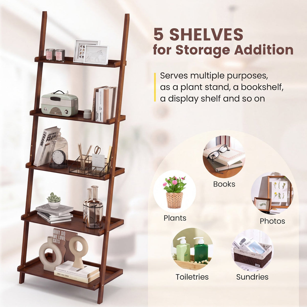 5-Tier Ladder Shelf Bamboo Bookshelf Wall-Leaning Storage Display Plant Stand-Walnut