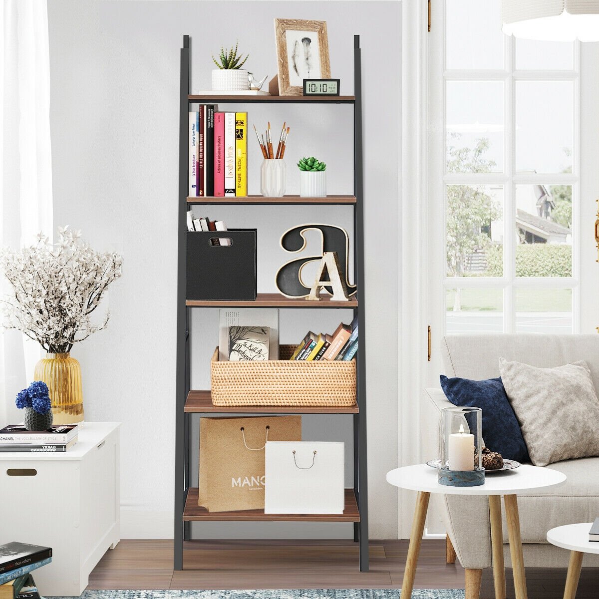 5 Tier Leaning Bookshelf Wood Metal Bookcase
