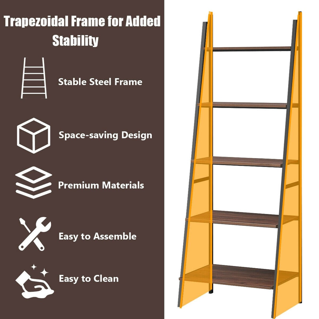 5 Tier Leaning Bookshelf Wood Metal Bookcase