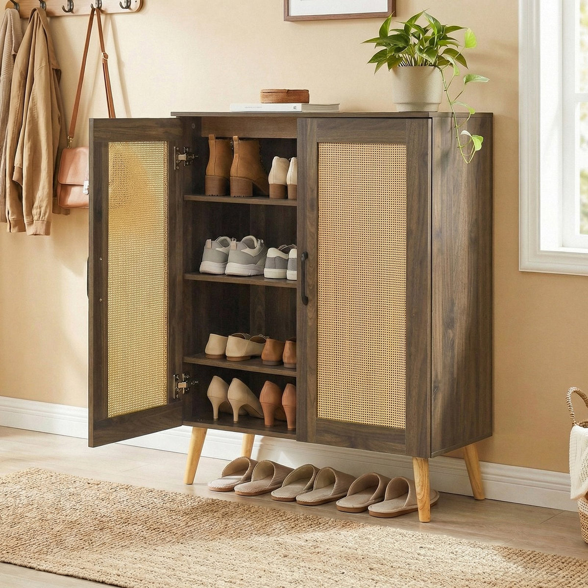 5-Tier Rattan Shoe Cabinet with 3 Removable Shelves-Walnut